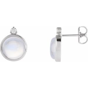 Rainbow Moonstone & Diamond Round Bezel-Set Stud Earrings in Gold and Platinum