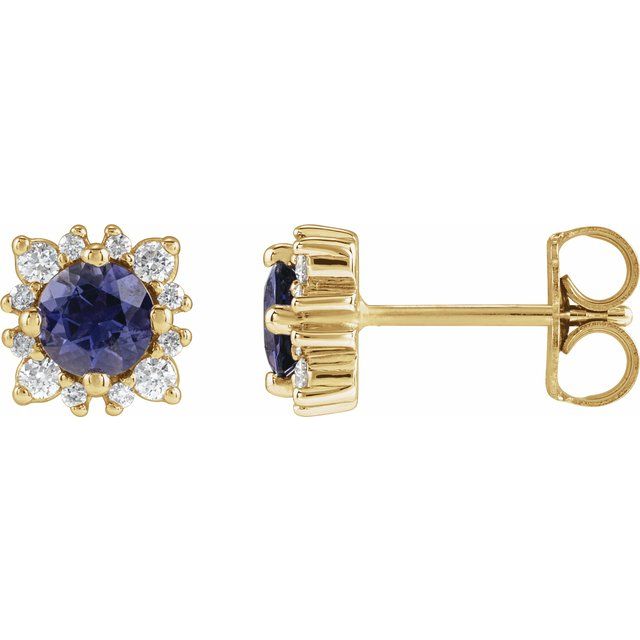 Iolite & Diamond Round Halo Stud Earrings in Gold and Platinum
