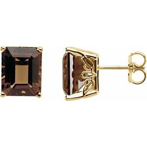 Smoky Quartz Emerald Stud Earrings in Gold and Platinum