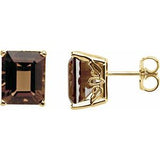 Smoky Quartz Emerald Stud Earrings in Gold and Platinum