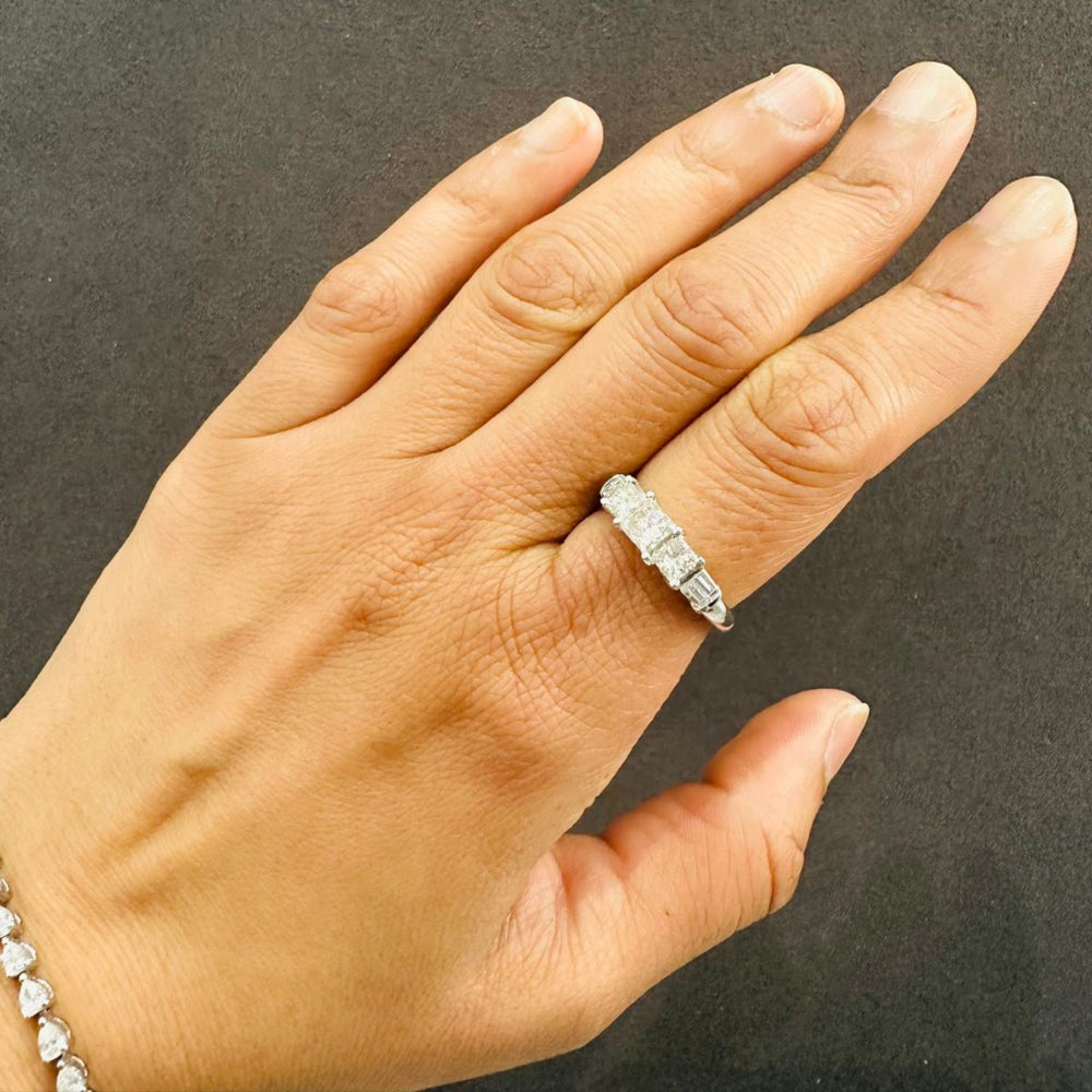 Princess Cut Natural Diamond Trilogy Engagement Ring with Baguette Sides 14K White Gold