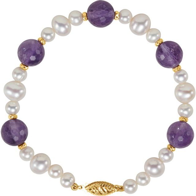 Round Natural Amethyst & Cultured White Freshwater Pearl Pearl Station Bracelet In Gold & Platinum