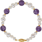 Round Natural Amethyst & Cultured White Freshwater Pearl Pearl Station Bracelet In Gold & Platinum