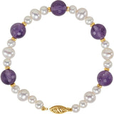 Round Natural Amethyst & Cultured White Freshwater Pearl Pearl Station Bracelet In Gold & Platinum