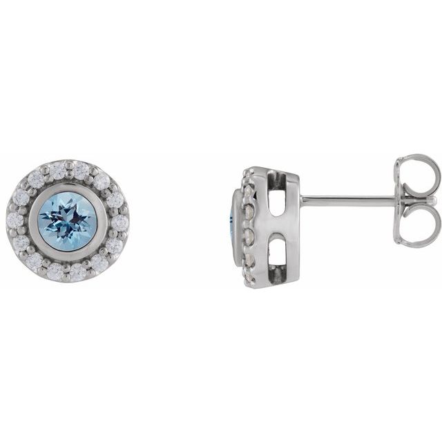 Aqua Sapphire & Diamond Round Halo Stud Earrings in Gold and Platinum