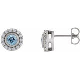 Aqua Sapphire & Diamond Round Halo Stud Earrings in Gold and Platinum