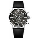 Calvin Klein men's watch featuring a chronograph dial and leather strap.