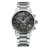 Calvin Klein men's chronograph watch with black dial and stainless steel band.