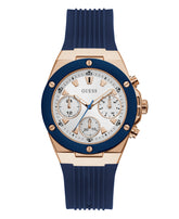 GUESS Women's Watch – 39mm Blue and Rose Gold-Tone Bezel, Blue Silicone Strap