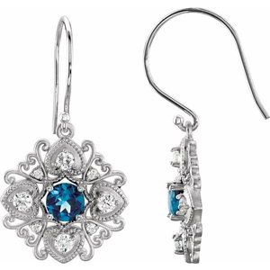London Blue Topaz & Diamond Round Stud Earrings in Gold and Platinum