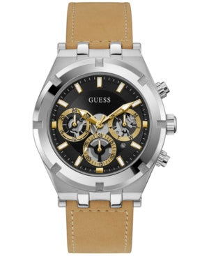 GUESS Men's Watch – 44mm Stainless Steel Case, Tan Leather Strap