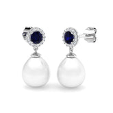 Blue Sapphire Halo Pearl Diamond Earrings for Women