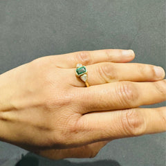 Lab Grown Diamond Trilogy Engagement Ring in 18K Yellow Gold | Emerald and Shield Cut