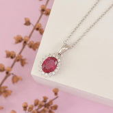 1.25Ct Ruby and Lab Grown Diamond Solitaire Halo Necklace Pendant In Silver
