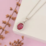 1.25Ct Ruby and Lab Grown Diamond Solitaire Halo Necklace Pendant In Silver