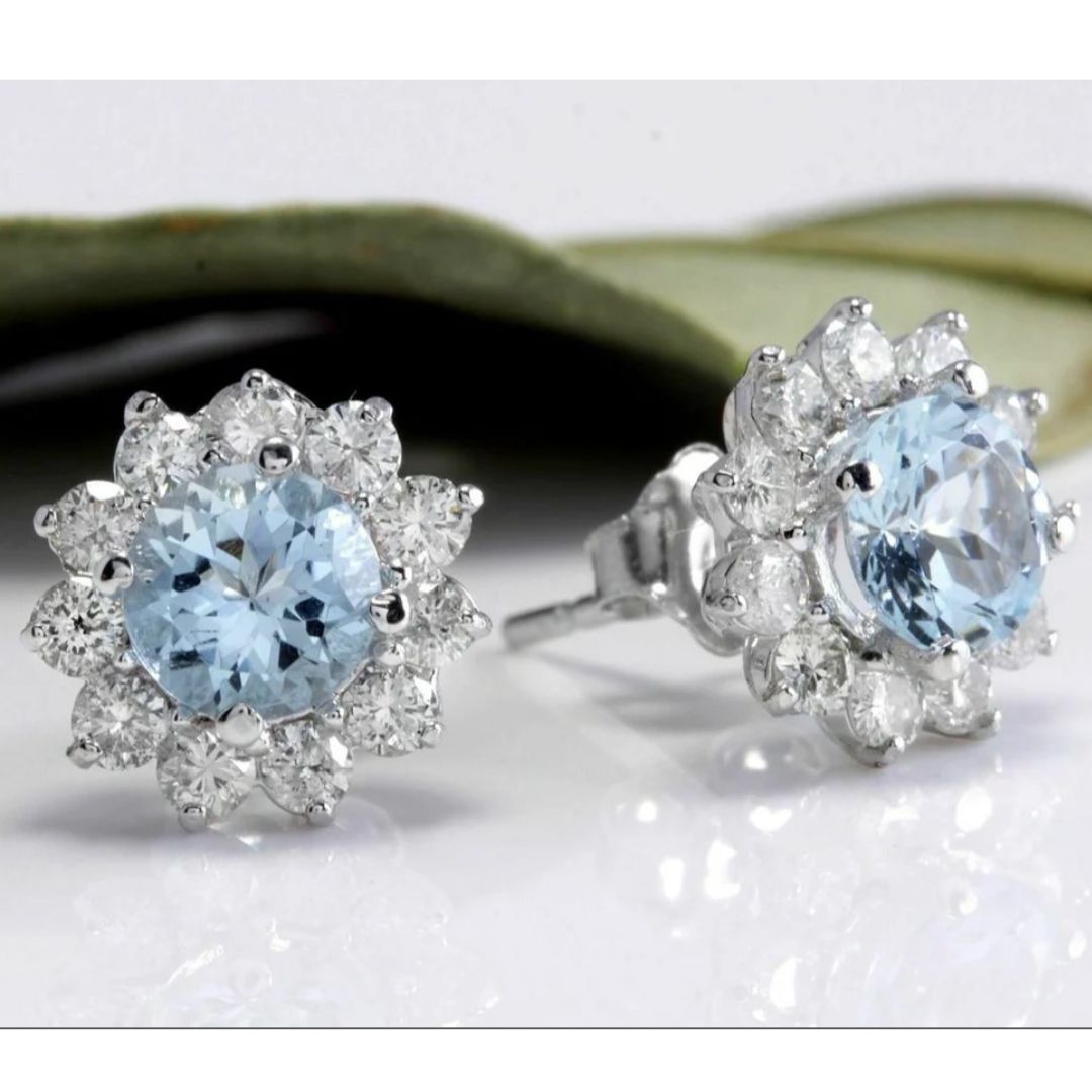 0.50Ct Lab Grown Round Aquamarine Cluster Studs Earring in White Gold