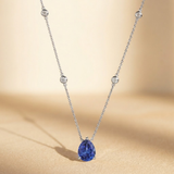3.20ct Lab Grown Sapphire and Pear Cut Diamond Solitaire Necklace in 925 Silver