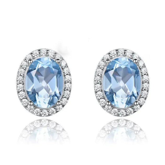 3.69Ct Lab Grown Diamond Solitaire Aquamarine Oval Halo Stud Earrings in Gold