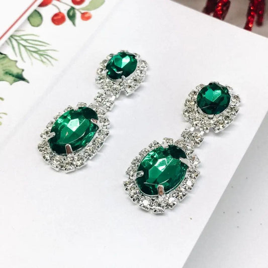 Emerald diamond drop earrings in white gold
