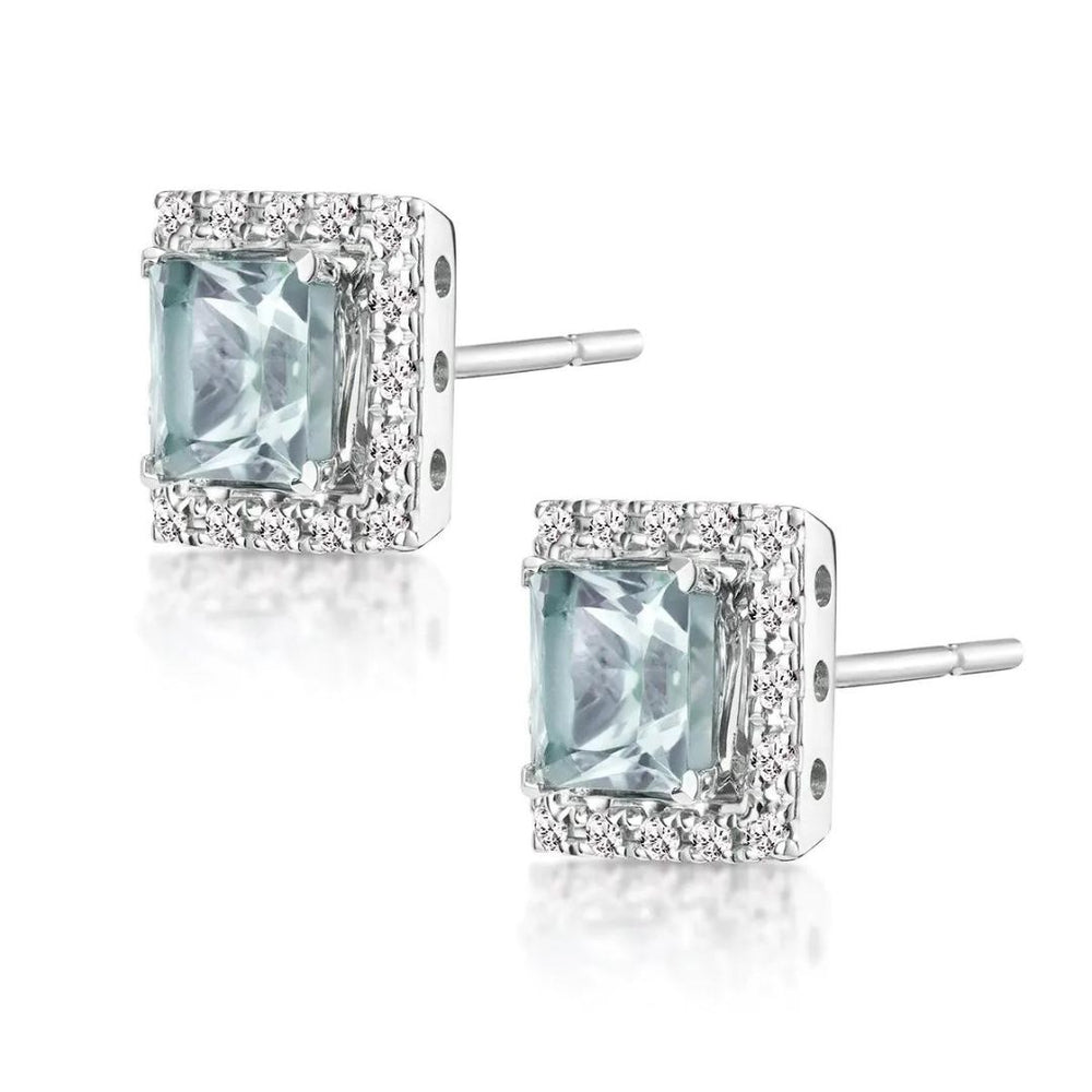 Stud Earrings with Aquamarine Princess Cut and Diamond Halo