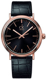 Calvin Klein watch with black face and rose gold accents on a white background
