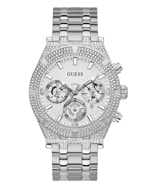 Guess Men's Silver-Tone Glitz Stainless Steel Bracelet Multi-Function Watch, 44mm