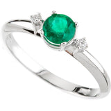 Round Emerald Three Stone Ring with Diamond Accents in White Gold