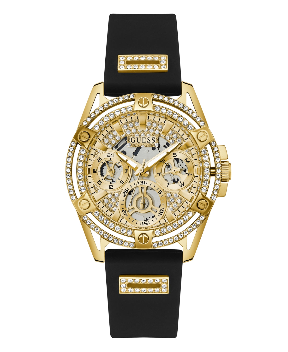 Guess Women's Gold-Tone Glitz Black Silicone Multi-Function Watch