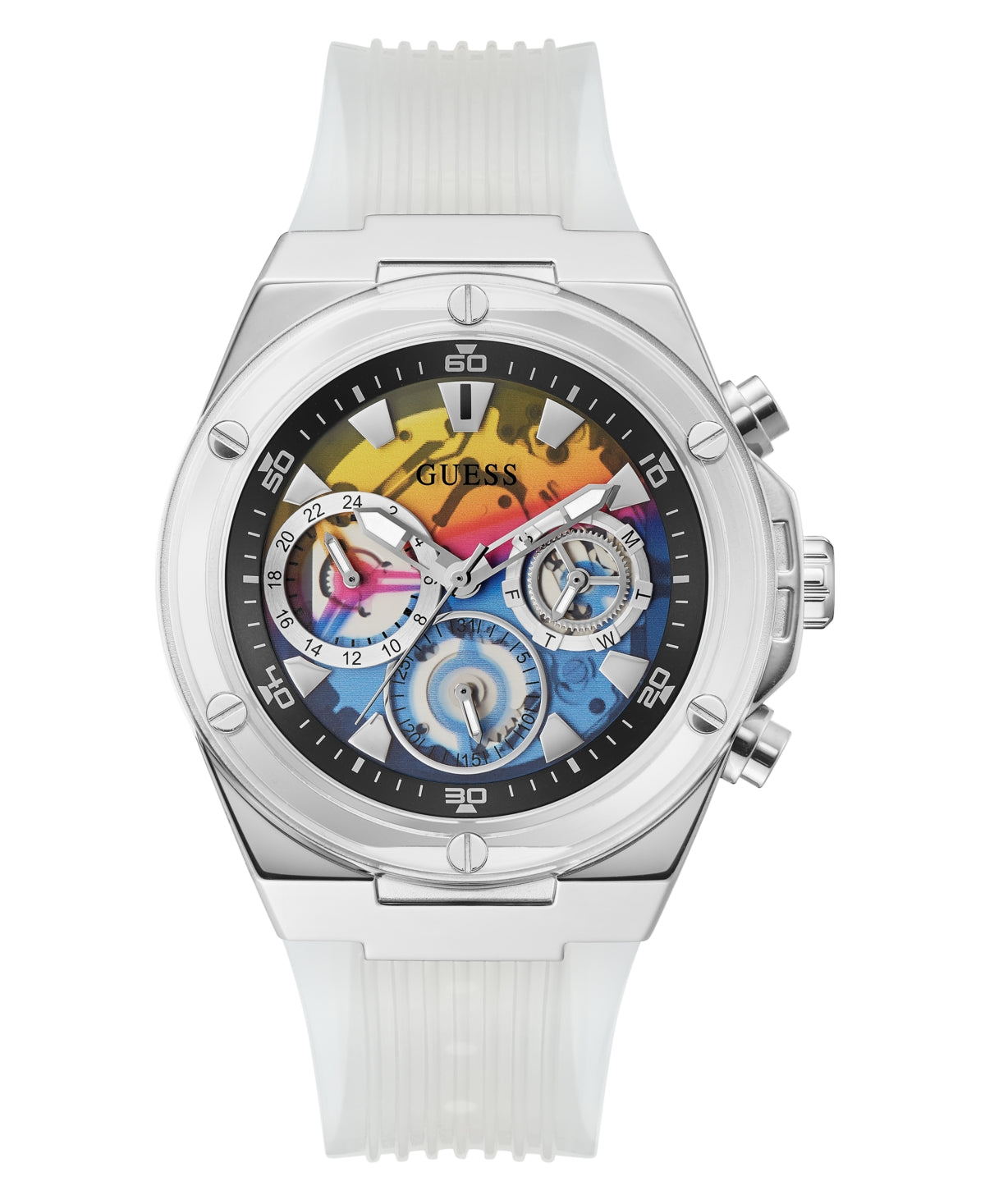 Guess Men's Silver-Tone Clear Bio-Based Polyurethane Multi-Function Watch
