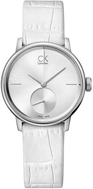 Calvin Klein watch with white leather strap on a white background