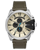 Diesel Men S Mega Chief Stainless-Steel and Olive Leather Chronograph Watch