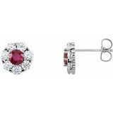 Ruby & Diamond Round Cluster Stud Earrings in Gold and Platinum