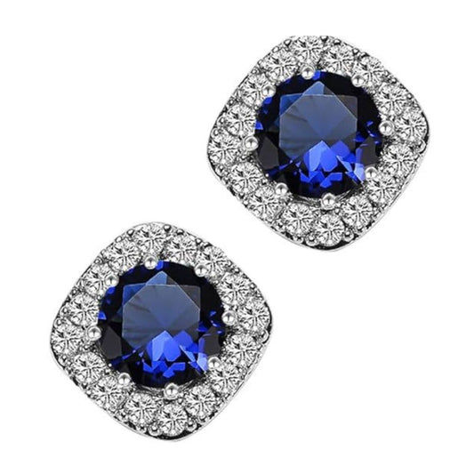 1.00Ct Sapphire Blue and Round Lab Grown Diamond Studs Earring in Gold