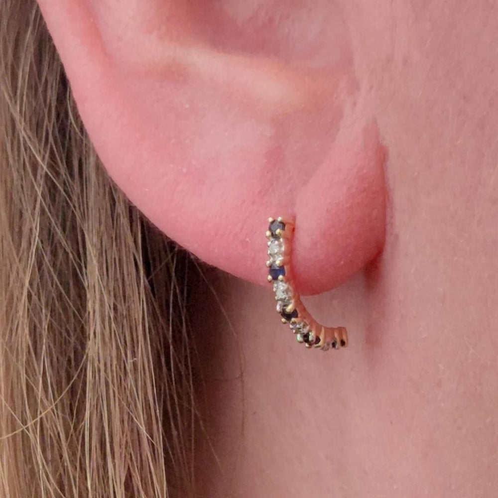 Stud Earrings with Diamond and Sapphire Half Huggie