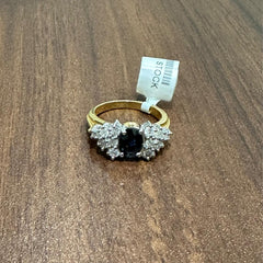 18K Yellow Gold Natural Diamond & Blue Sapphire Cluster Engagement Ring | Gemstone