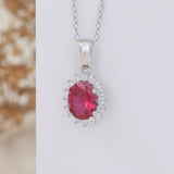 1.25Ct Ruby and Lab Grown Diamond Solitaire Halo Necklace Pendant In Silver