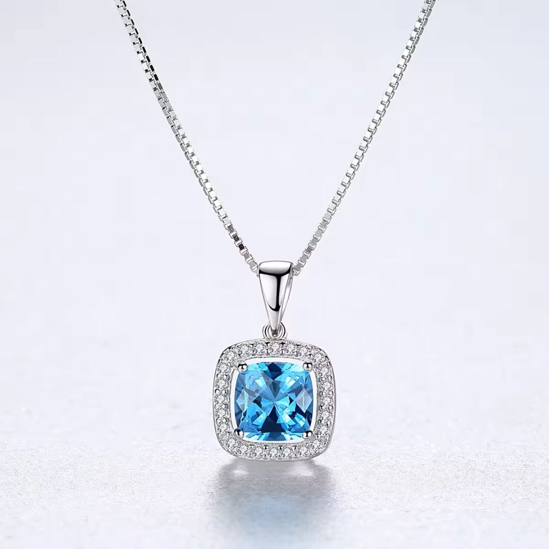 2.15Ct Blue Topaz and Lab Diamond Solitaire Cushion Necklace Pendant in Gold