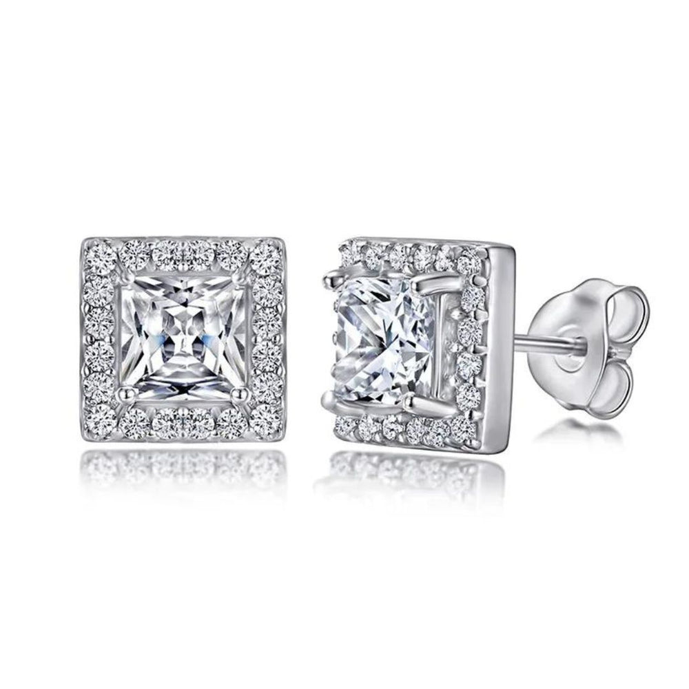 Stud Earrings with Lab Diamond Princess Solitaire Halo
