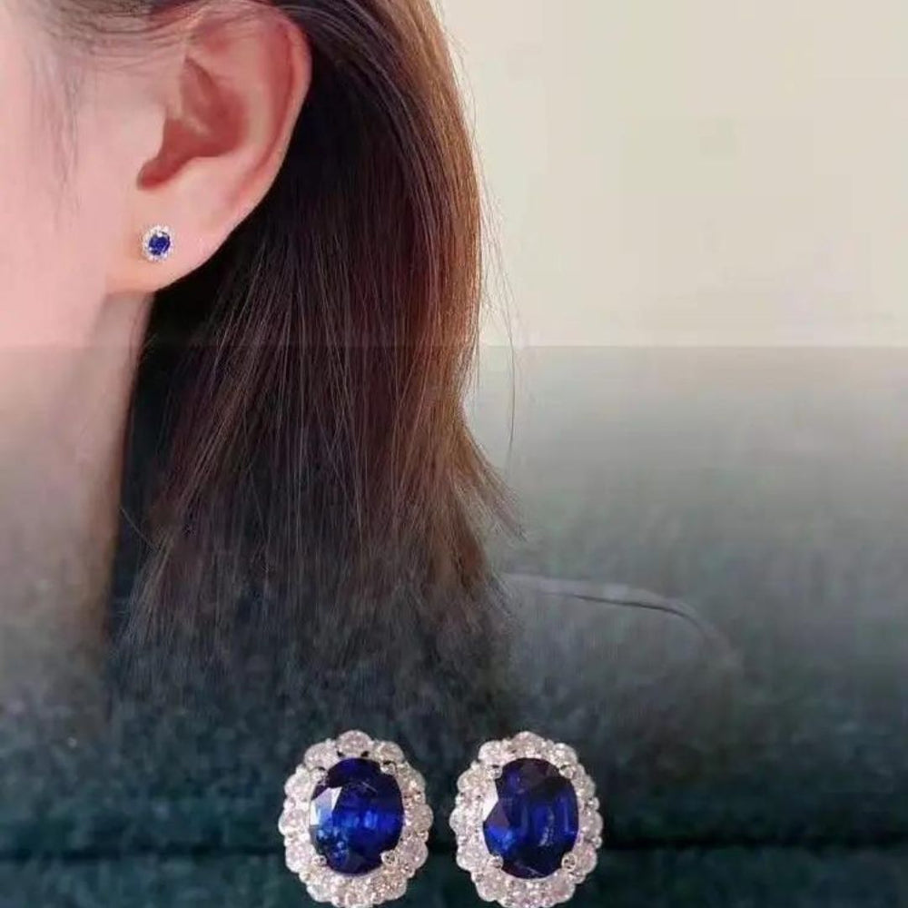 Stud Earrings with Lab Grown Oval Sapphire and Halo