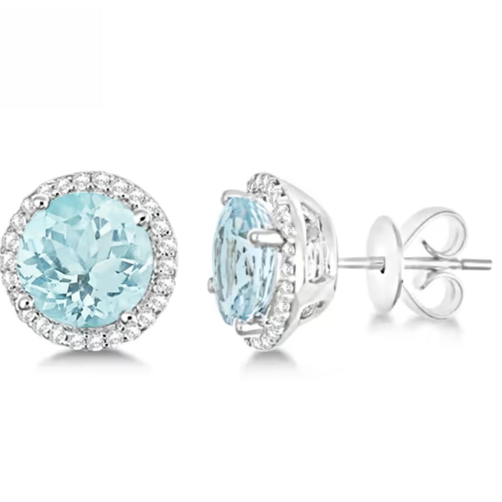 Stud Earrings with Aquamarine Round Cut and Diamond Halo