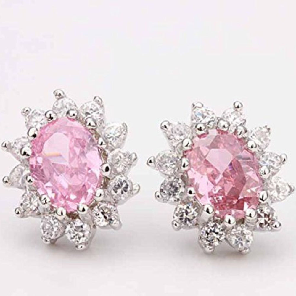 Stud Earrings with Oval Pink Sapphire and Diamond Cluster