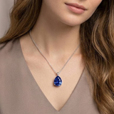 3.20ct Lab Grown Sapphire and Pear Cut Diamond Solitaire Necklace in 925 Silver