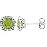 Peridot & Diamond Cushion Halo Stud Earrings in Gold and Platinum