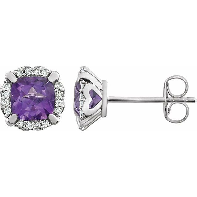 Amethyst & Diamond Cushion Halo Stud Earrings in Gold and Platinum