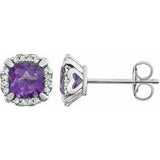 Amethyst & Diamond Cushion Halo Stud Earrings in Gold and Platinum