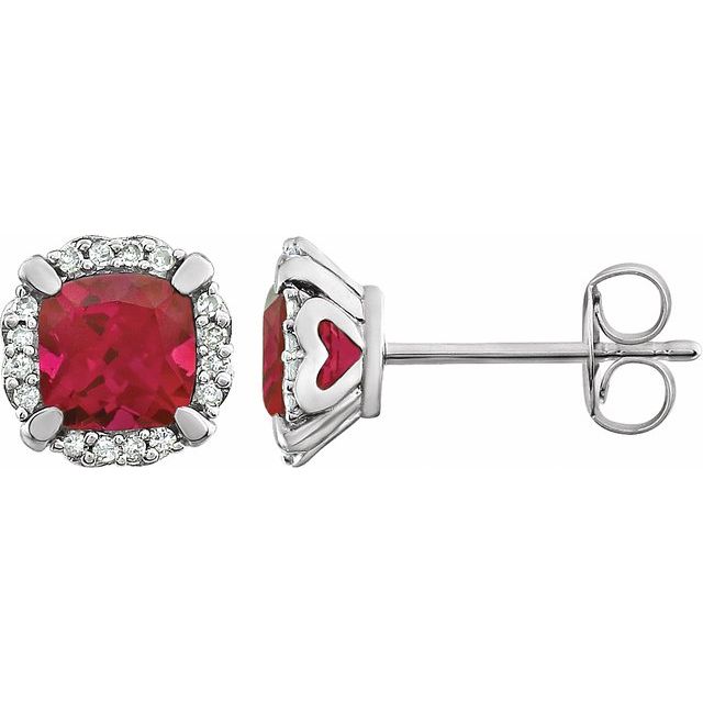 Ruby & Diamond Cushion Halo Stud Earrings in Gold and Platinum
