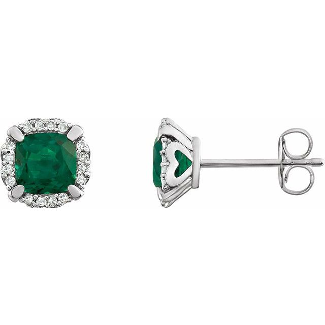 Emerald & Diamond Cushion Halo Stud Earrings in Gold and Platinum
