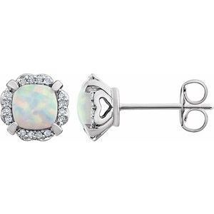White Opal & Diamond Cushion Halo Stud Earrings in Gold and Platinum