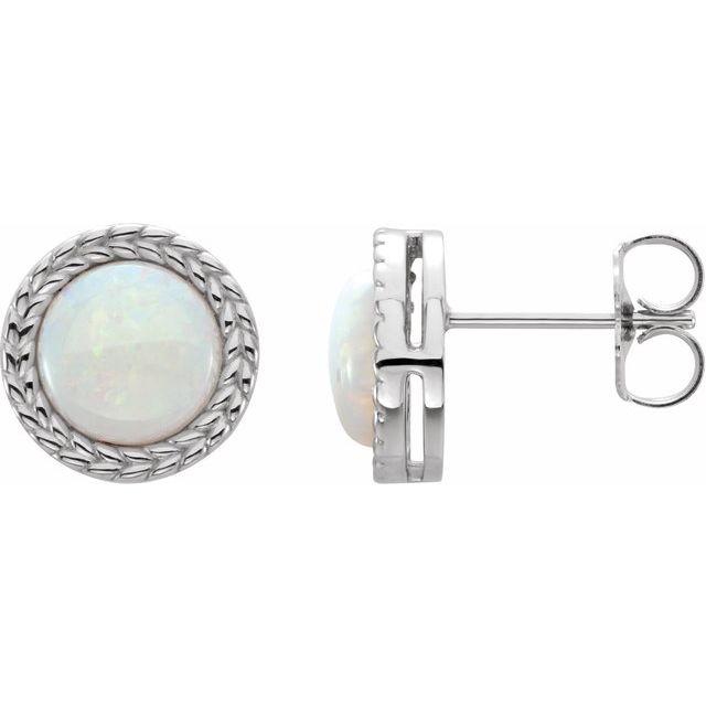 White Opal Round Bezel-Set Stud Earrings in Gold and Platinum