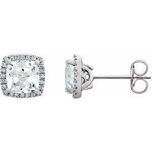 White Sapphire & Diamond Cushion Halo Stud Earrings in Gold and Platinum